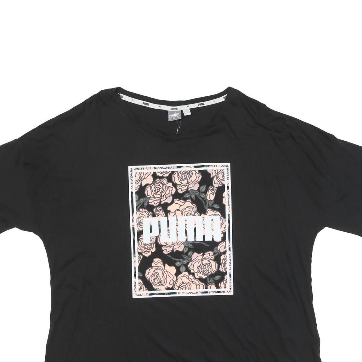 PUMA Womens Black Graphic T-Shirt XL Short Sleeve Round Neck Casual Floral Print
