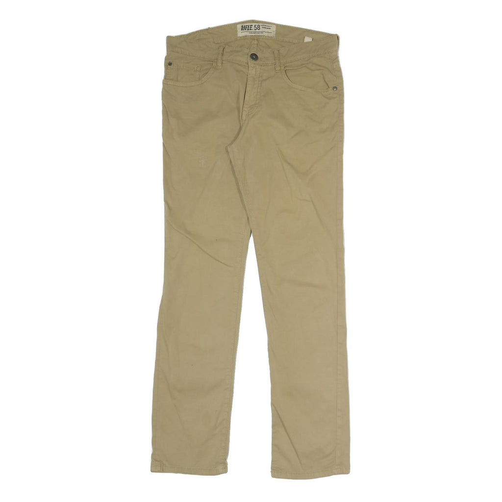RIFLE Mens Cotton Blend Beige Slim Trousers Zip W32 L31 Casual Comfort Style
