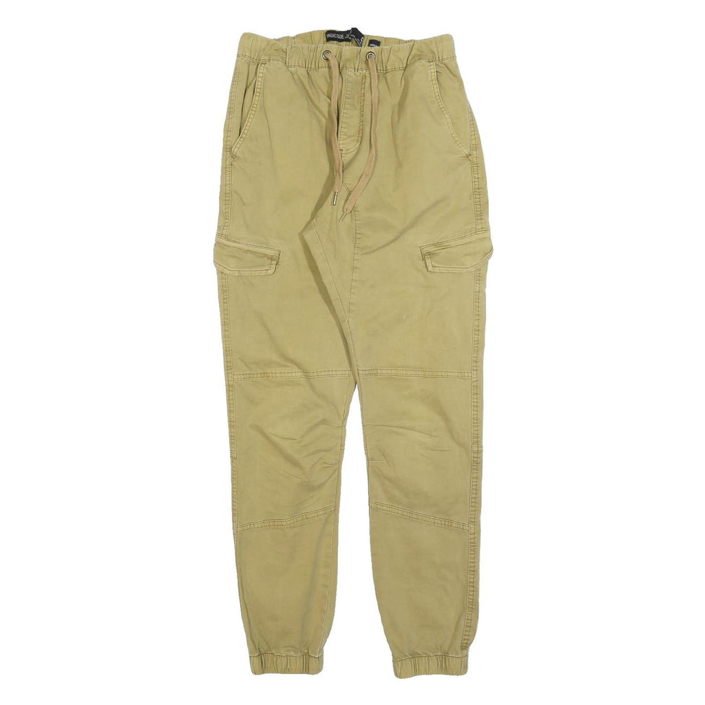 INDICODE Mens Slim Beige Cotton Blend Cargo Trousers W26 L30 Drawstring Casual
