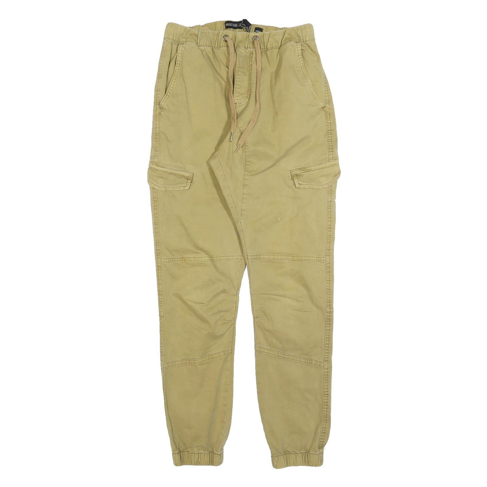 INDICODE Mens Slim Beige Cotton Blend Cargo Trousers W26 L30 Drawstring Casual