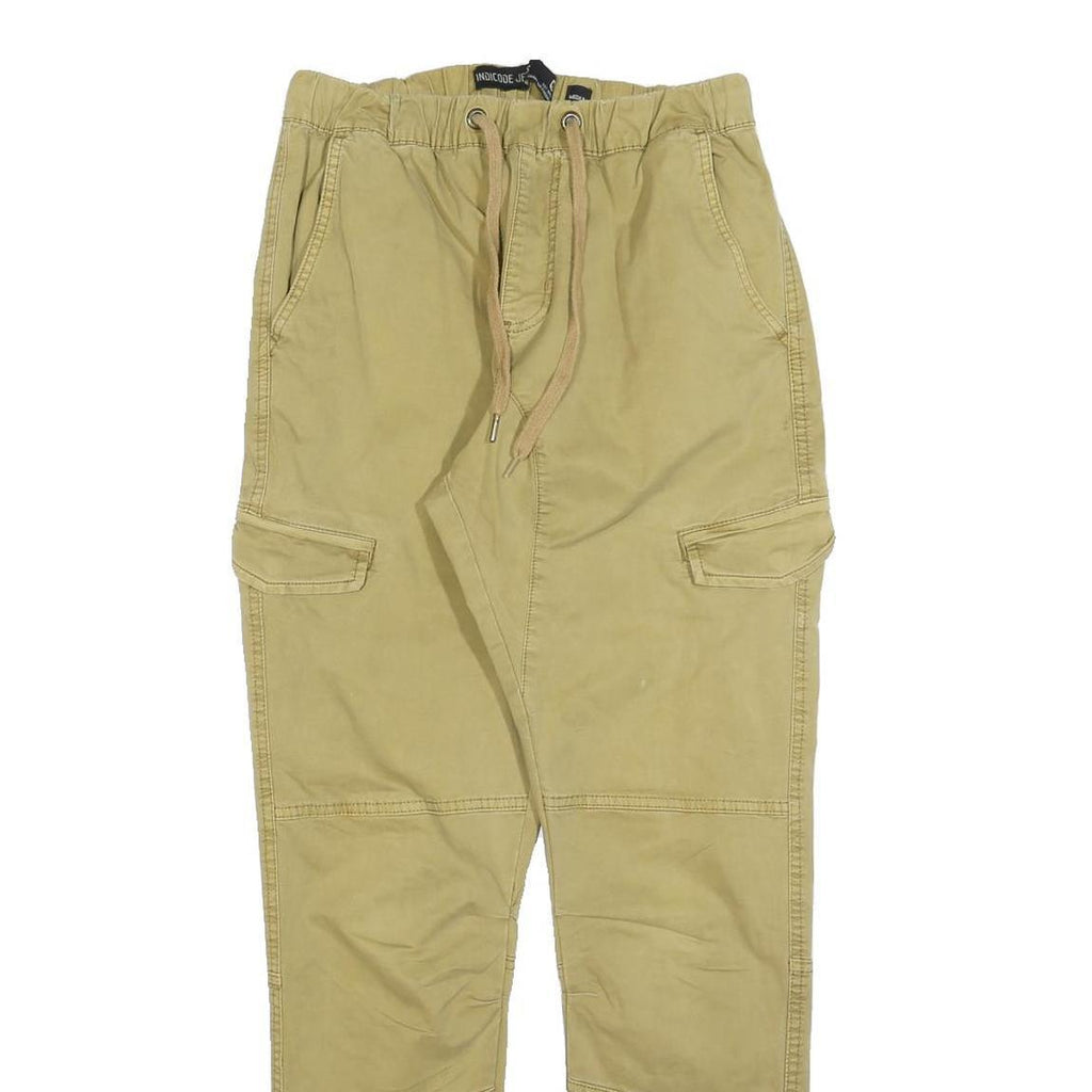 INDICODE Mens Slim Beige Cotton Blend Cargo Trousers W26 L30 Drawstring Casual