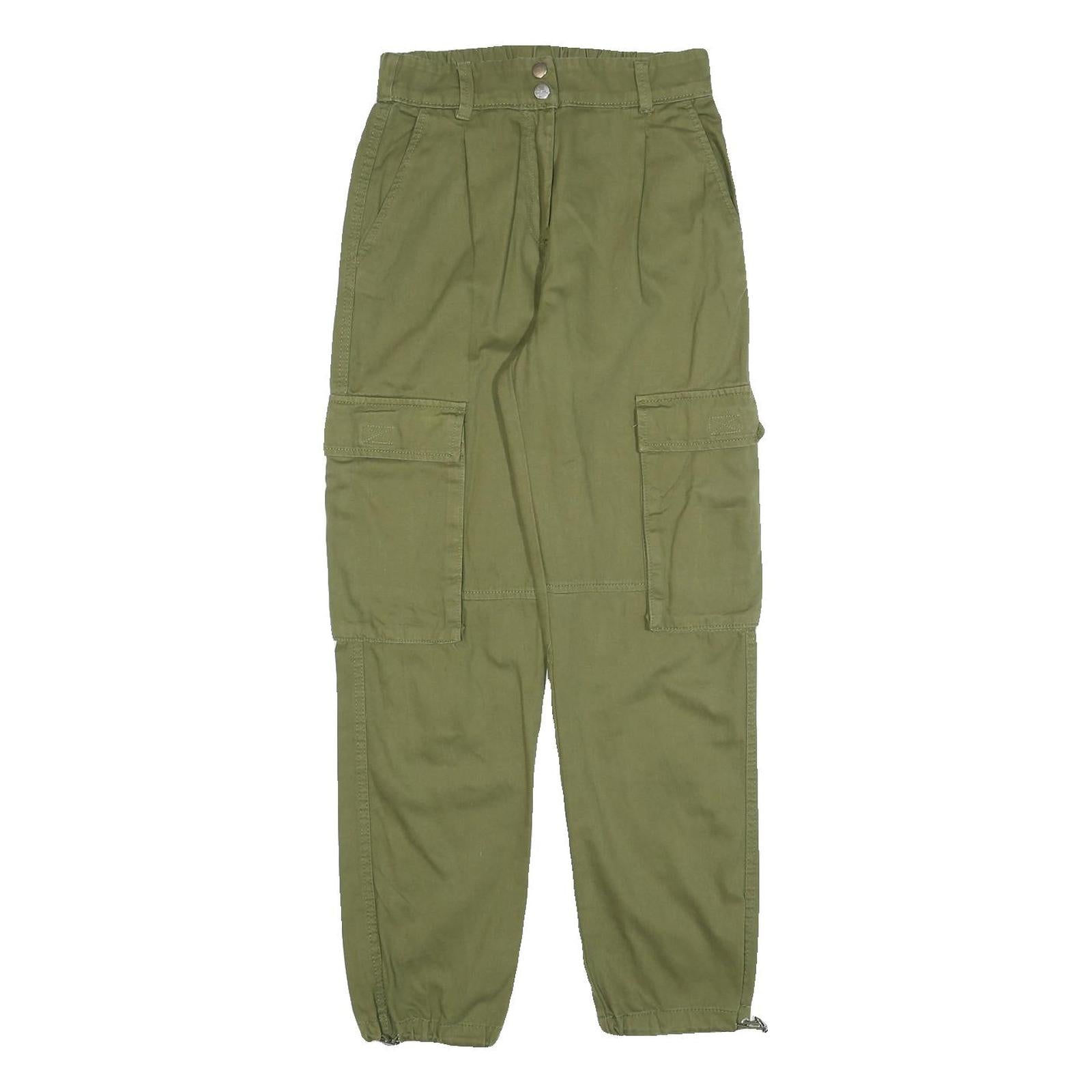 Womens Regular Fit Cotton Blend Green Cargo Trousers W26 L27 Zip Pockets