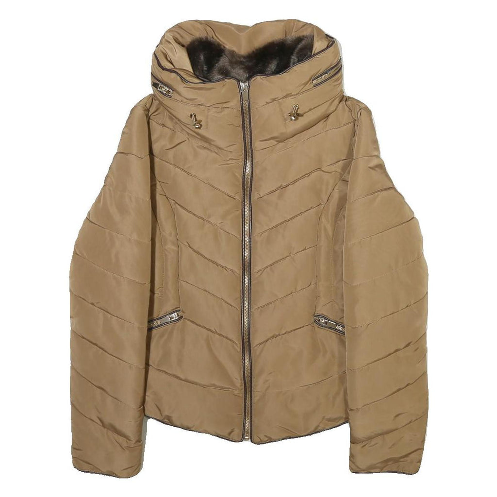 ZARA Womens Beige Polyester Blend Quilted Jacket M Zip Comfort Stylish Outerwear