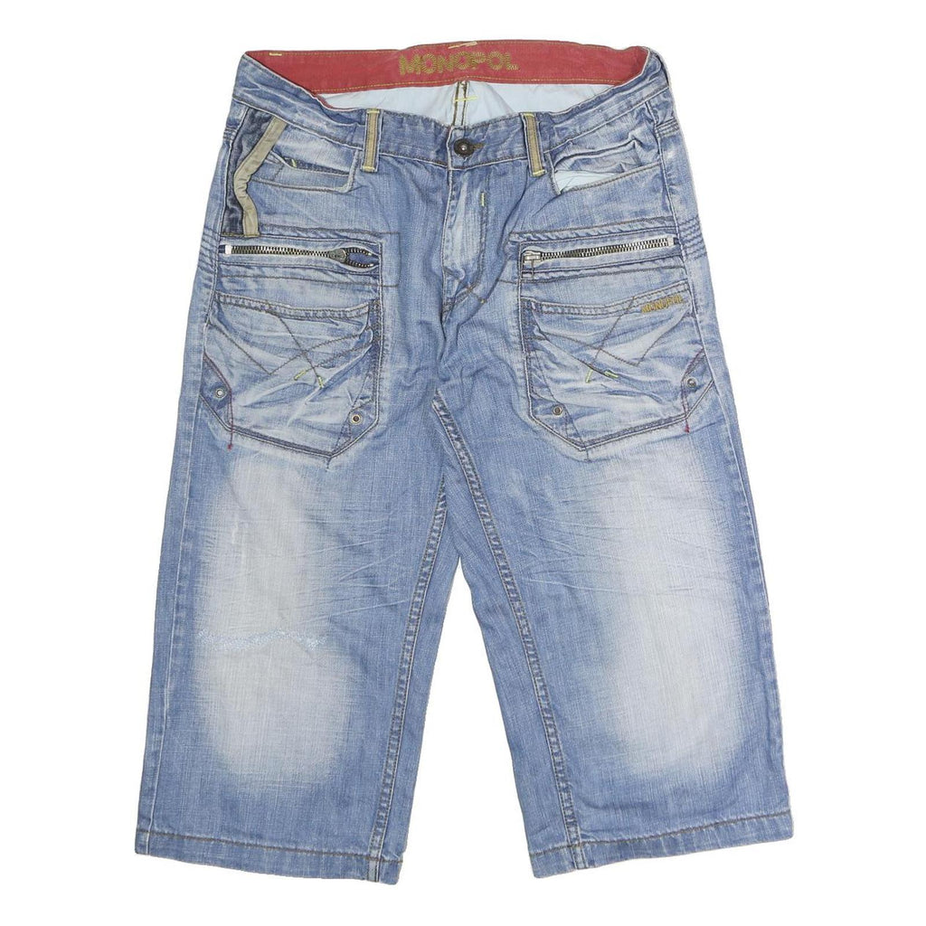 MONOPOL Mens Cotton Blue Denim Casual Shorts L W32 Zip Pockets Relaxed Fit