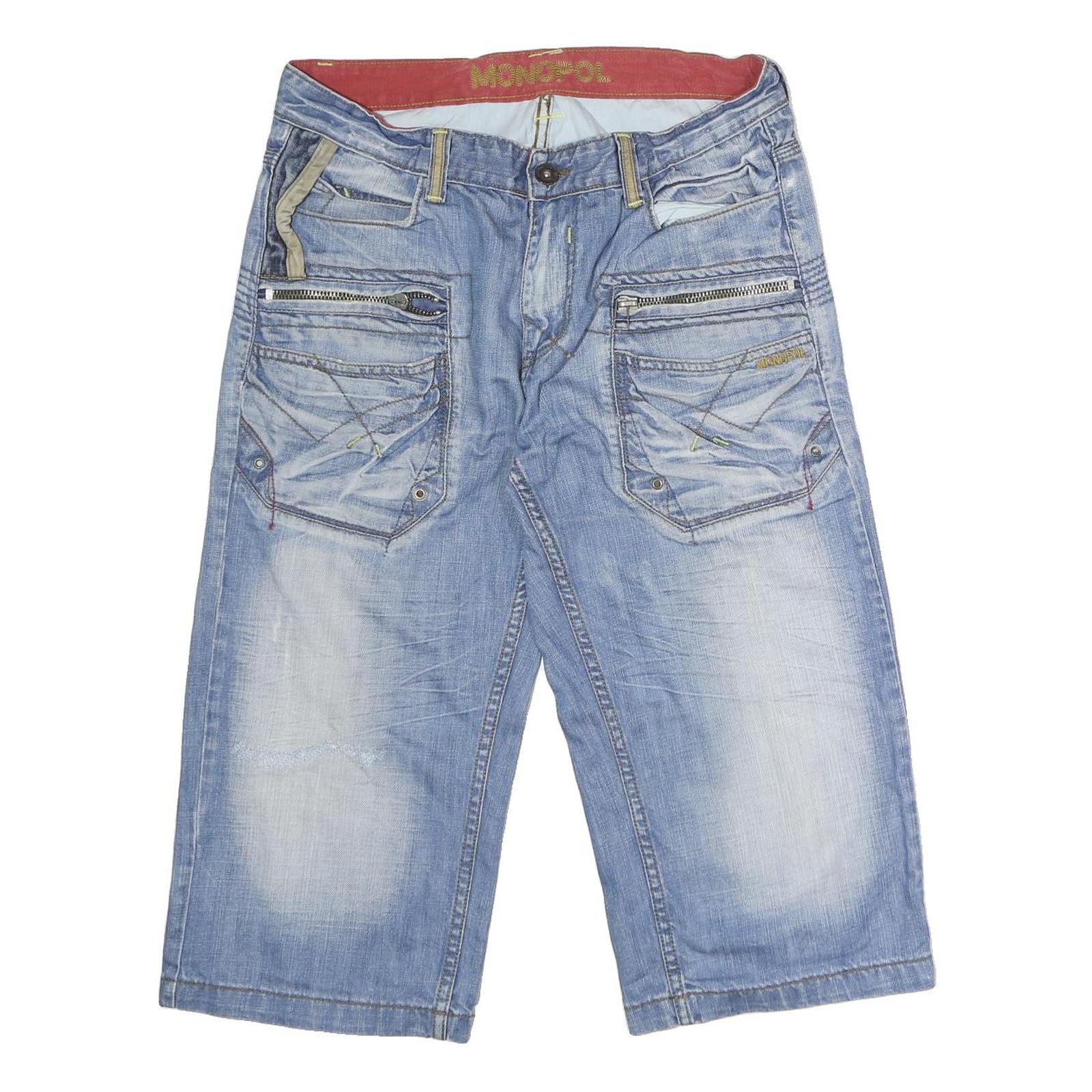 MONOPOL Mens Cotton Blue Denim Casual Shorts L W32 Zip Pockets Relaxed Fit