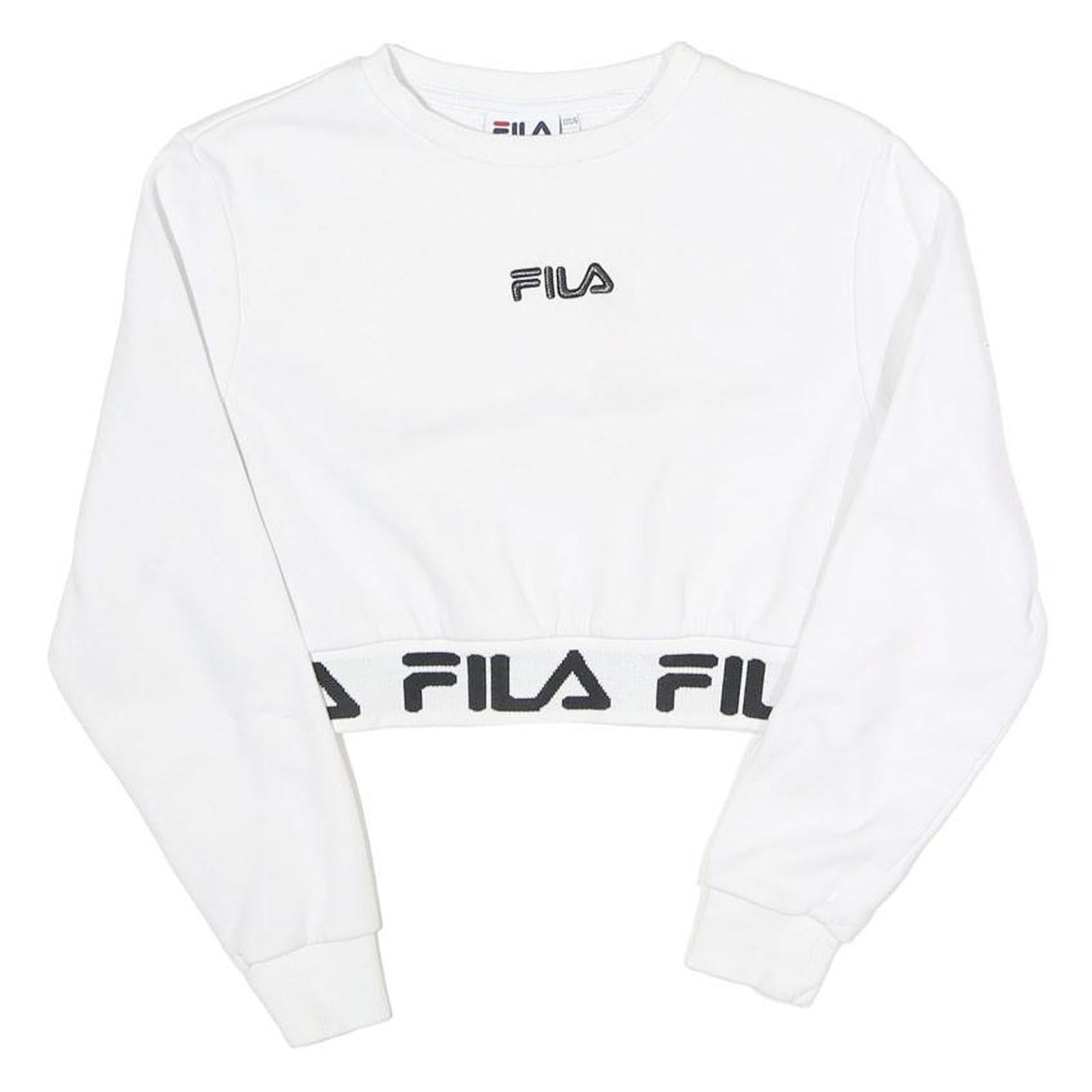 FILA Womens White Crew Neck UK 6 Cropped Sweatshirt Logo Band Bottom