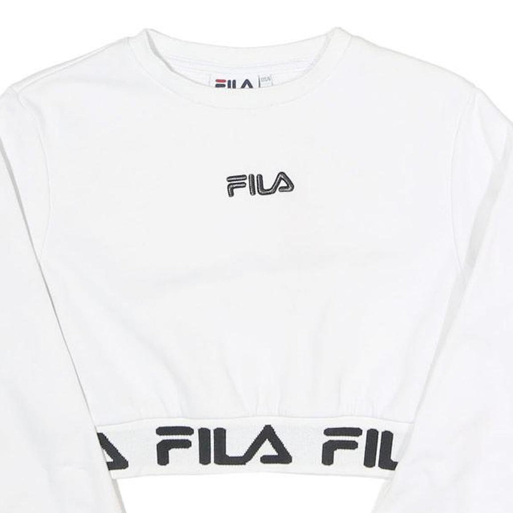 FILA Womens White Crew Neck UK 6 Cropped Sweatshirt Logo Band Bottom