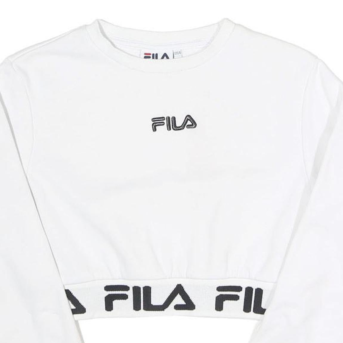 FILA Womens White Crew Neck UK 6 Cropped Sweatshirt Logo Band Bottom