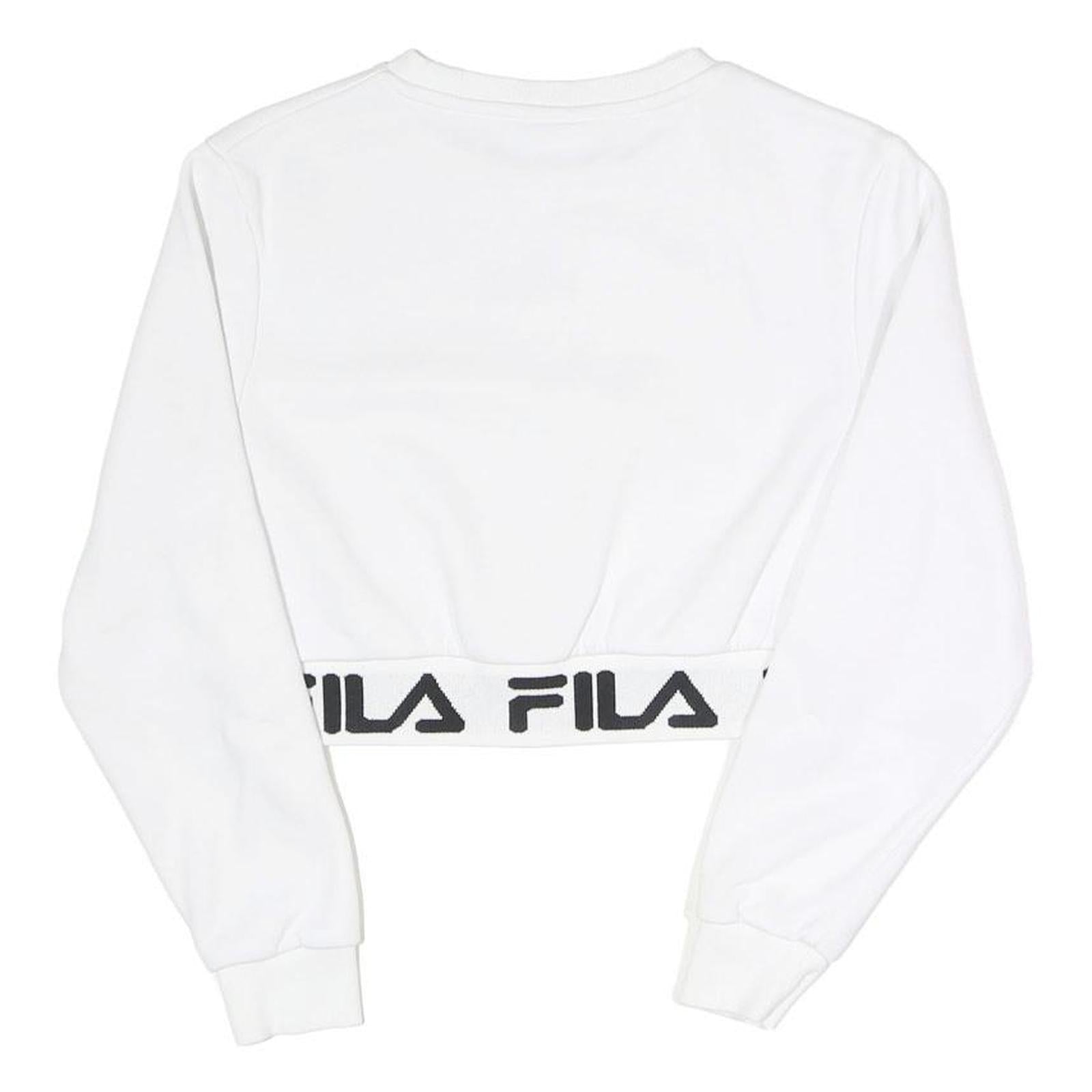 FILA Womens White Crew Neck UK 6 Cropped Sweatshirt Logo Band Bottom