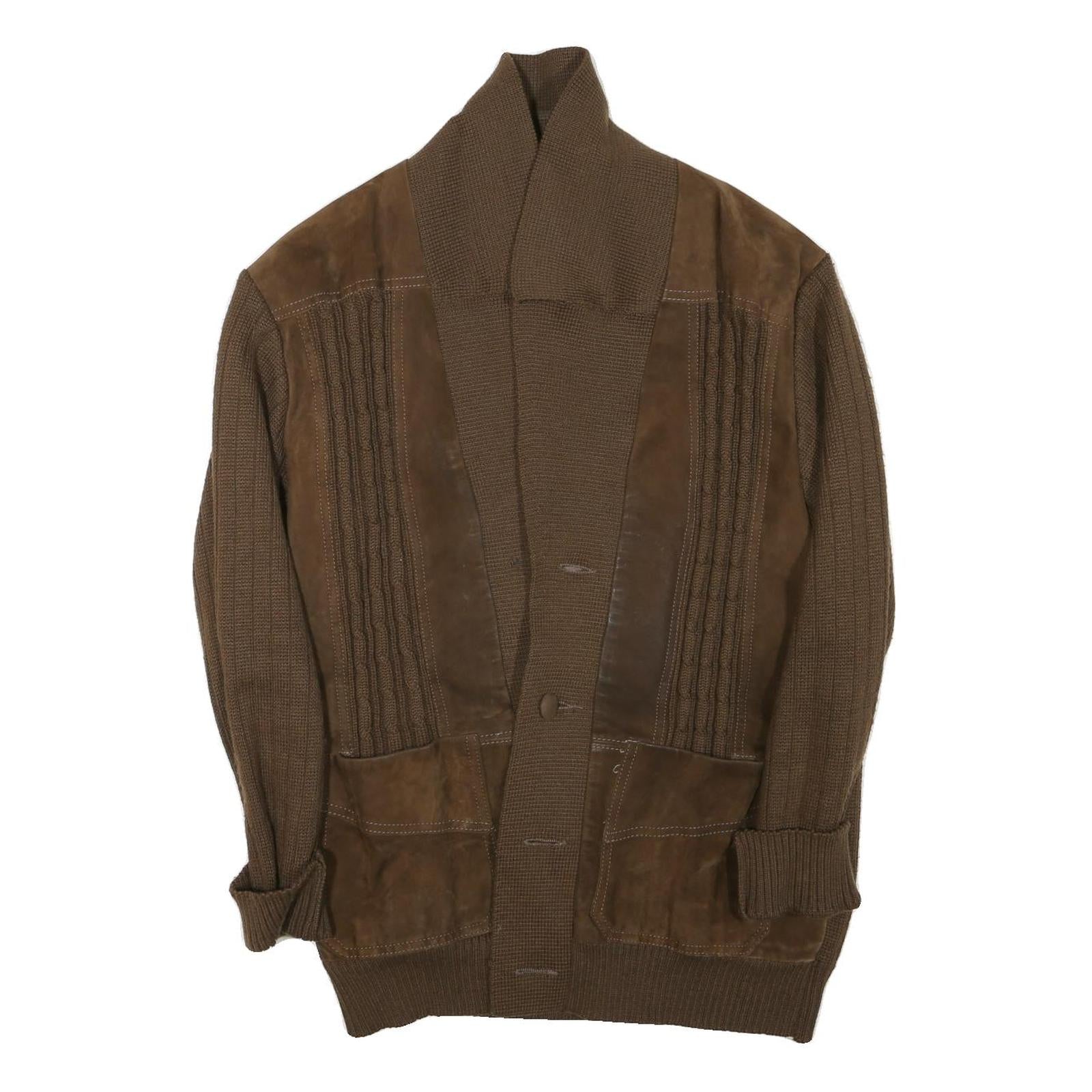 Mens Brown Leather Button Jacket L Knit Plain Casual Style Outerwear