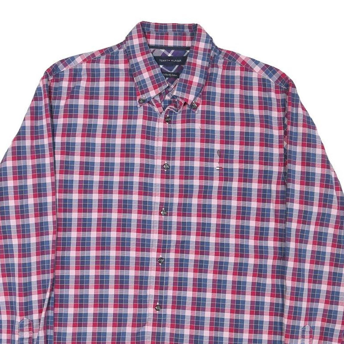 TOMMY HILFIGER Mens Red & Blue Check Shirt M Button Down Cotton Blend Casual