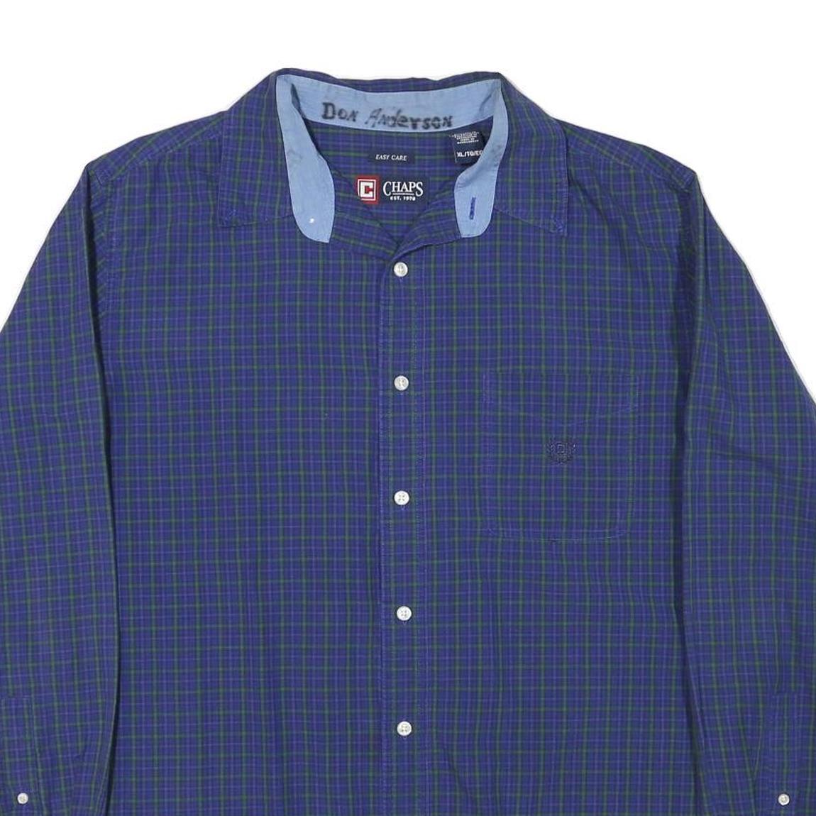 CHAPS Mens Blue & Green Checked Shirt XL Cotton Blend Long Sleeve Classic