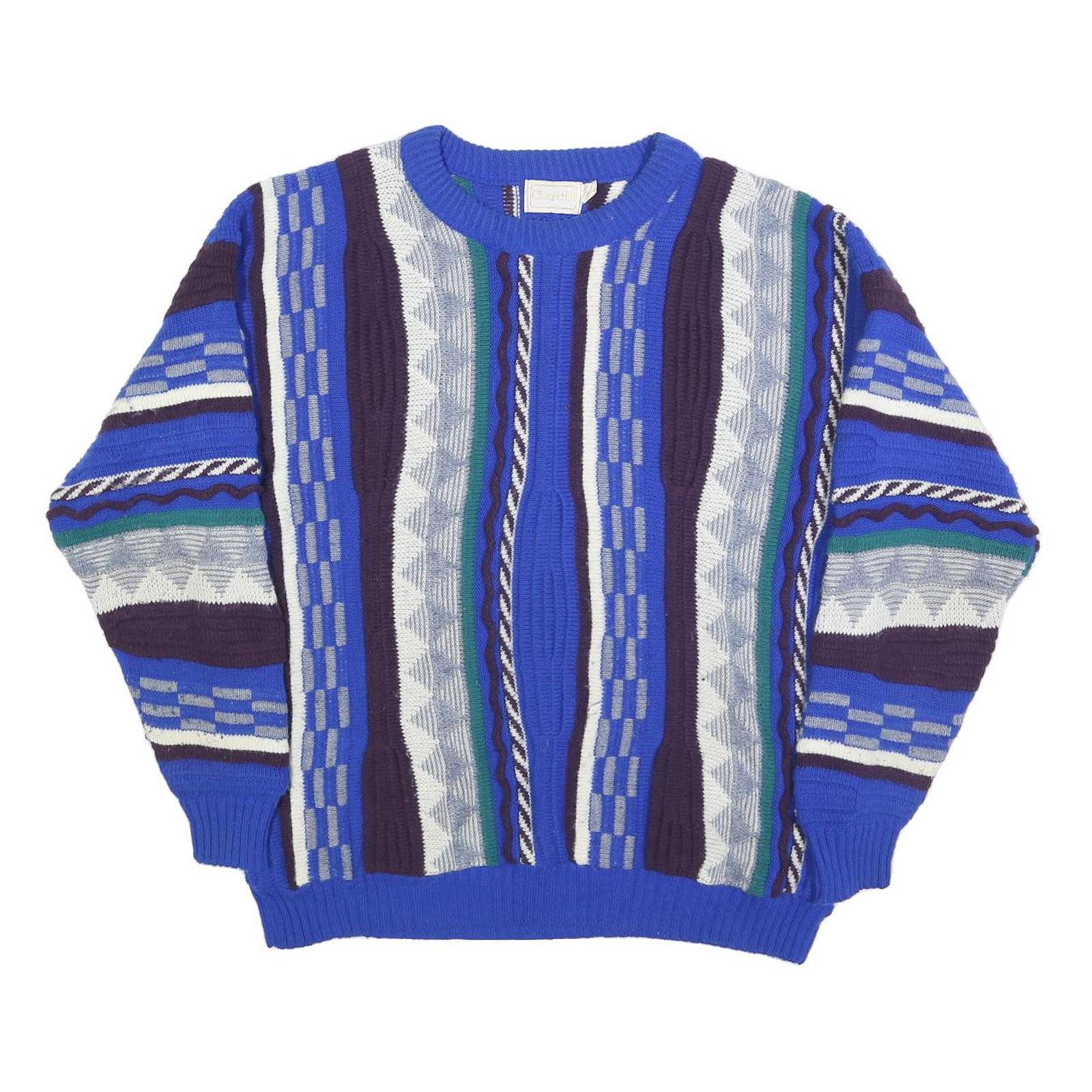 CHAPEL HILL Mens Blue 3D Textured Patterned Jumper Crew Neck Knit L Acrylic