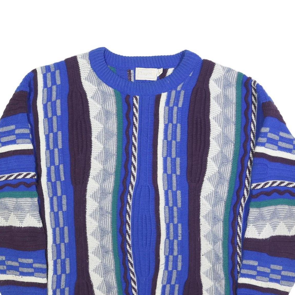 CHAPEL HILL Mens Blue 3D Textured Patterned Jumper Crew Neck Knit L Acrylic