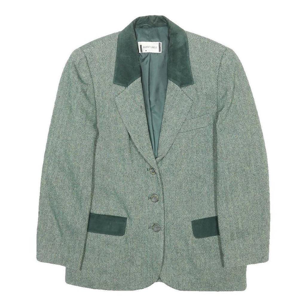 AVANT-GARDE Mens Green Wool Blend Herringbone Jacket S Button Closure Classic