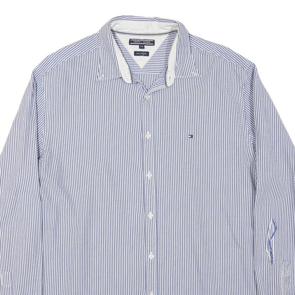 TOMMY HILFIGER Mens Blue & White Striped Shirt 2XL Cotton Blend Casual Smart