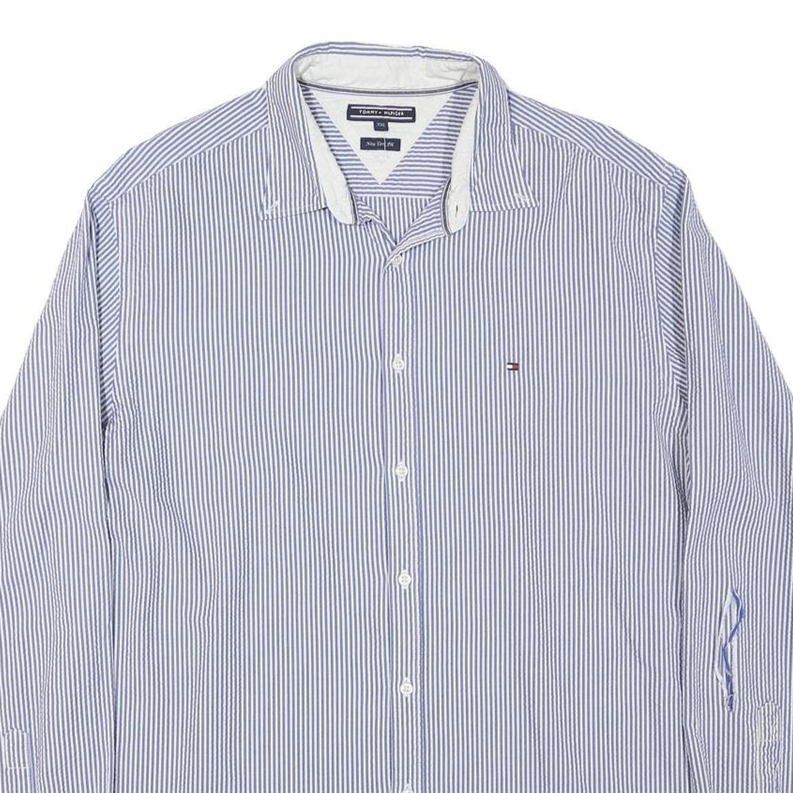 TOMMY HILFIGER Mens Blue & White Striped Shirt 2XL Cotton Blend Casual Smart