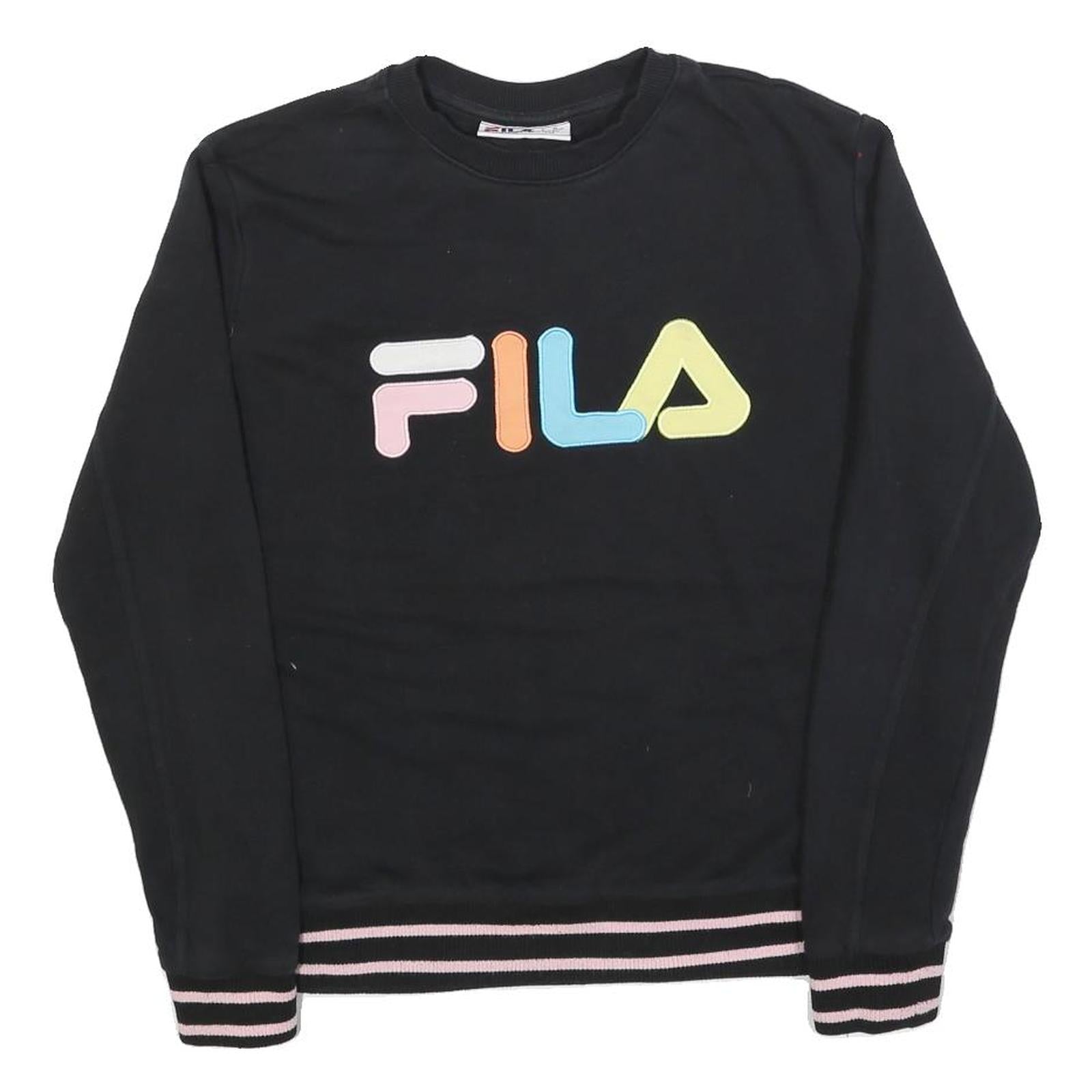 FILA Womens Black Sweatshirt S Crew Neck Cotton Blend Pullover Colourful Logo
