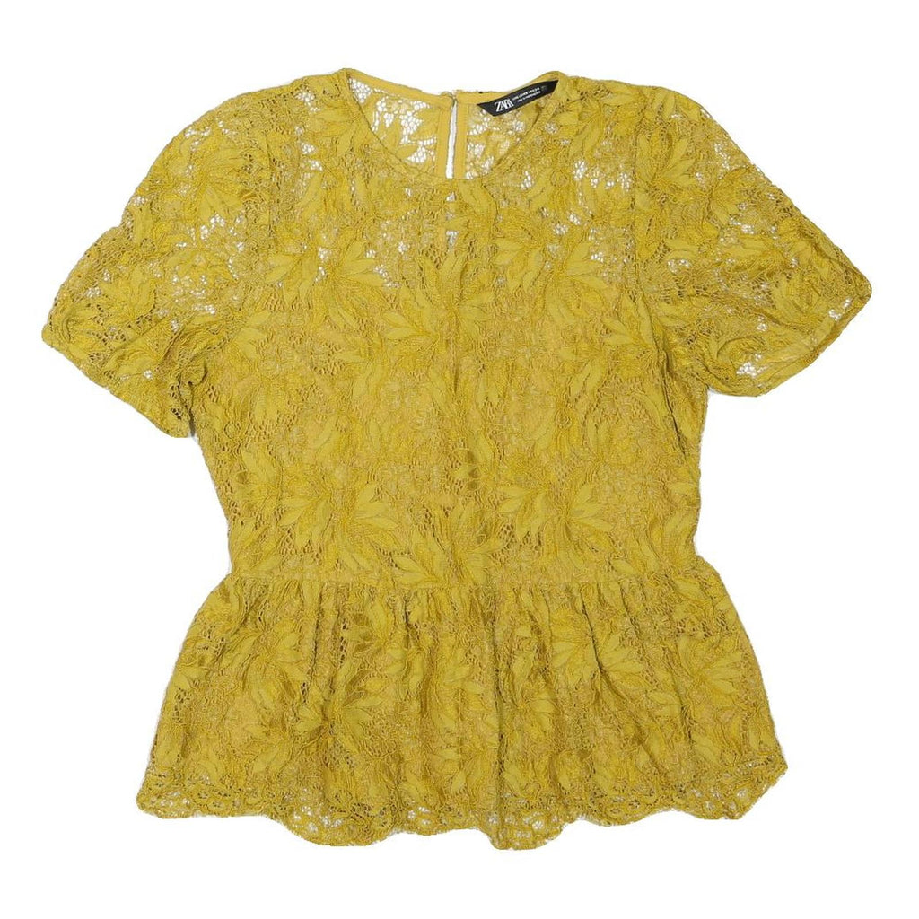 ZARA Womens Yellow Lace Peplum Top Short Sleeve Round Neck XS Elegant Detail