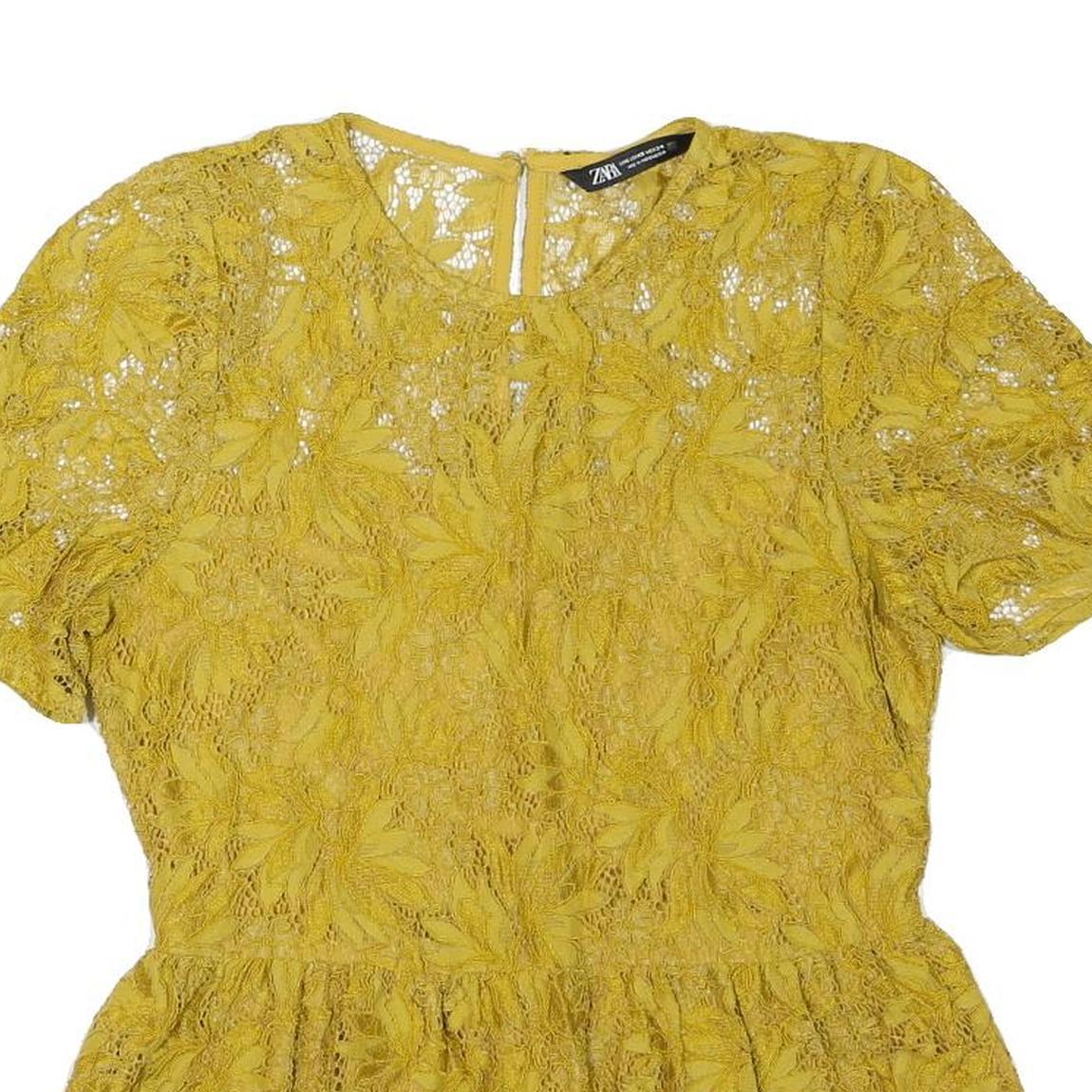 ZARA Womens Yellow Lace Peplum Top Short Sleeve Round Neck XS Elegant Detail