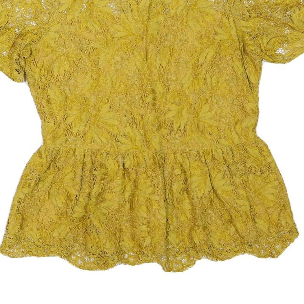 ZARA Womens Yellow Lace Peplum Top Short Sleeve Round Neck XS Elegant Detail