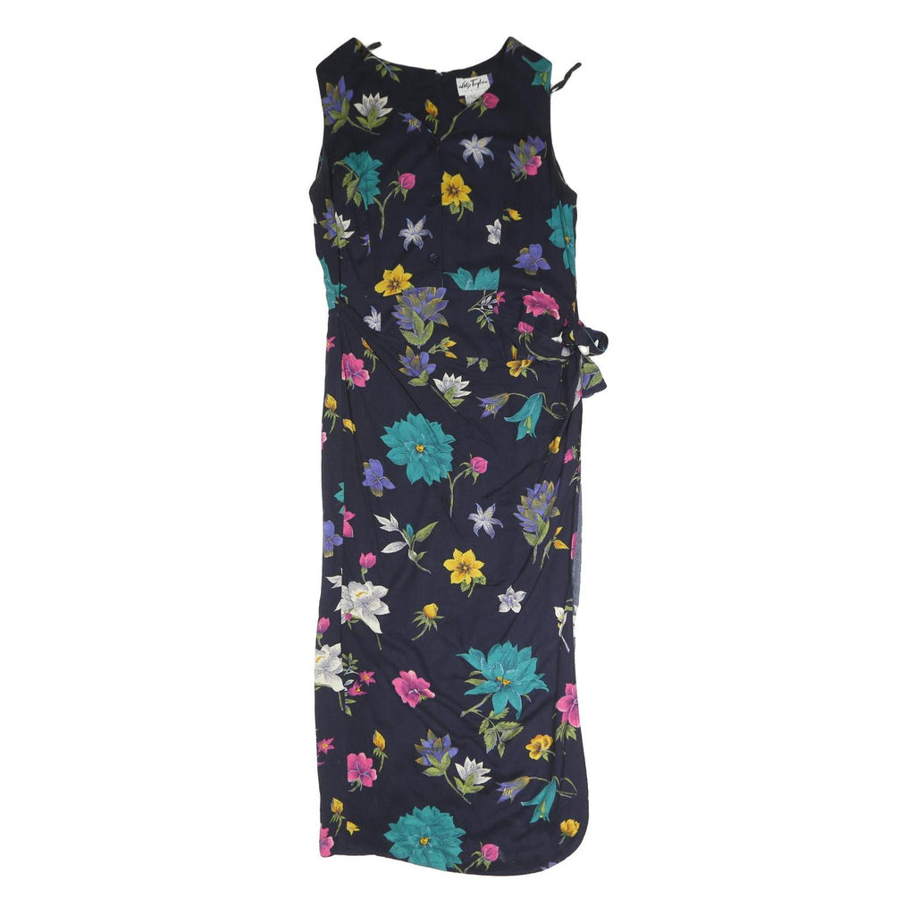 HLIX TAYLOR Womens Navy Blue Floral Midi Dress Cotton Blend Sleeveless Wrap UK