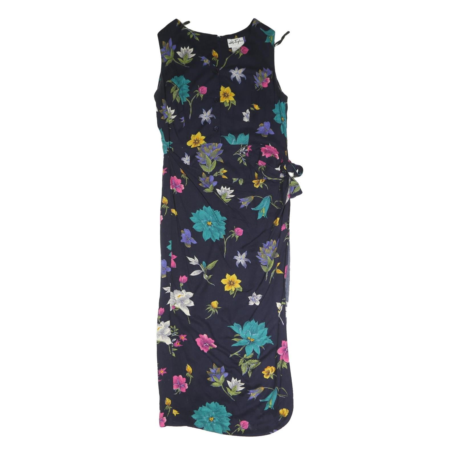 HLIX TAYLOR Womens Navy Blue Floral Midi Dress Cotton Blend Sleeveless Wrap UK
