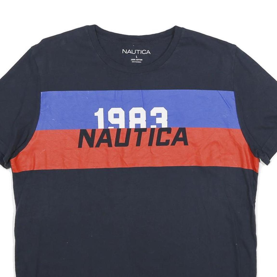 NAUTICA Mens Blue & Red Cotton Graphic T-Shirt L Short Sleeve Crew Neck