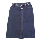 Womens Blue Denim Button Midi Cotton Blend Straight Skirt Size S Stripe Belt