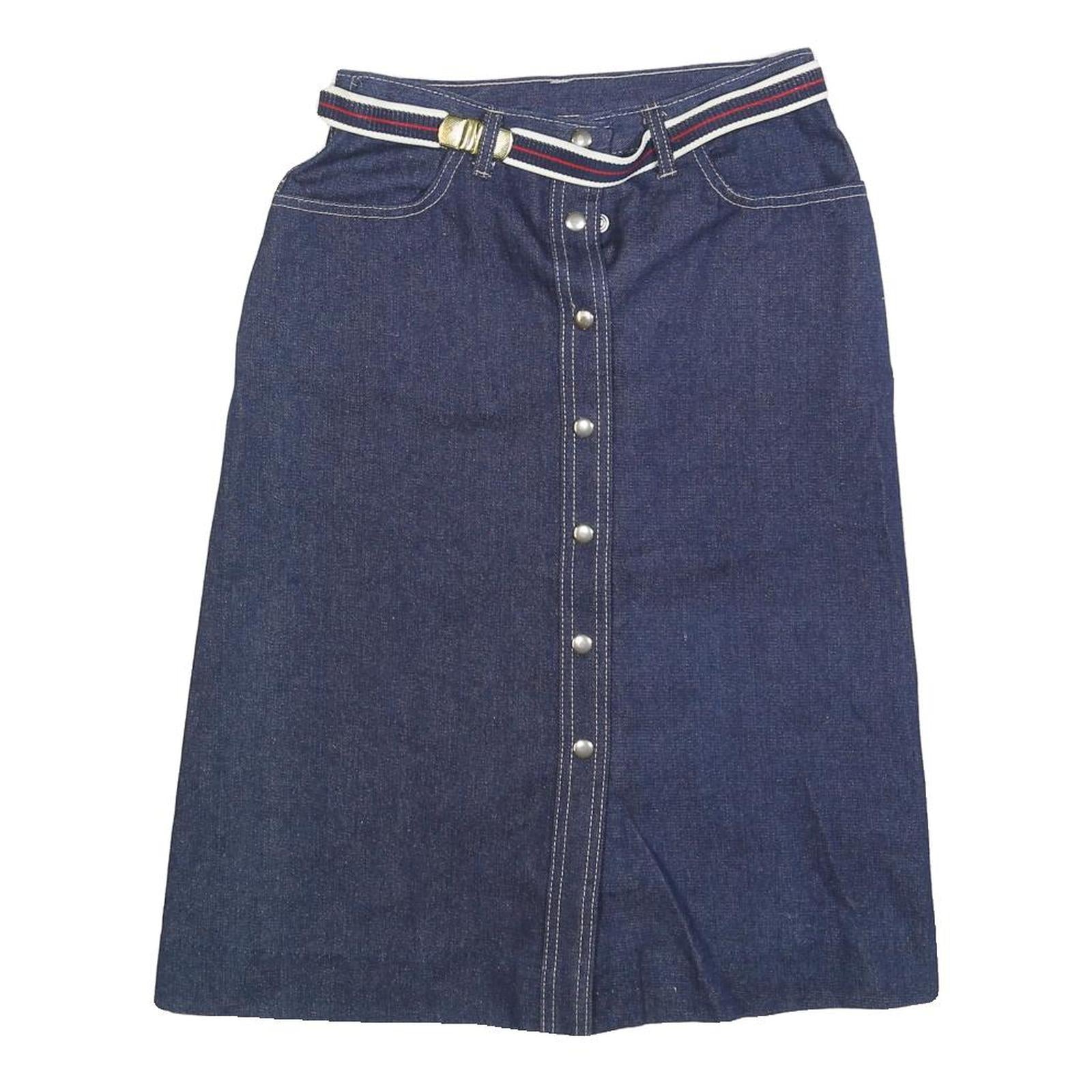 Womens Blue Denim Button Midi Cotton Blend Straight Skirt Size S Stripe Belt