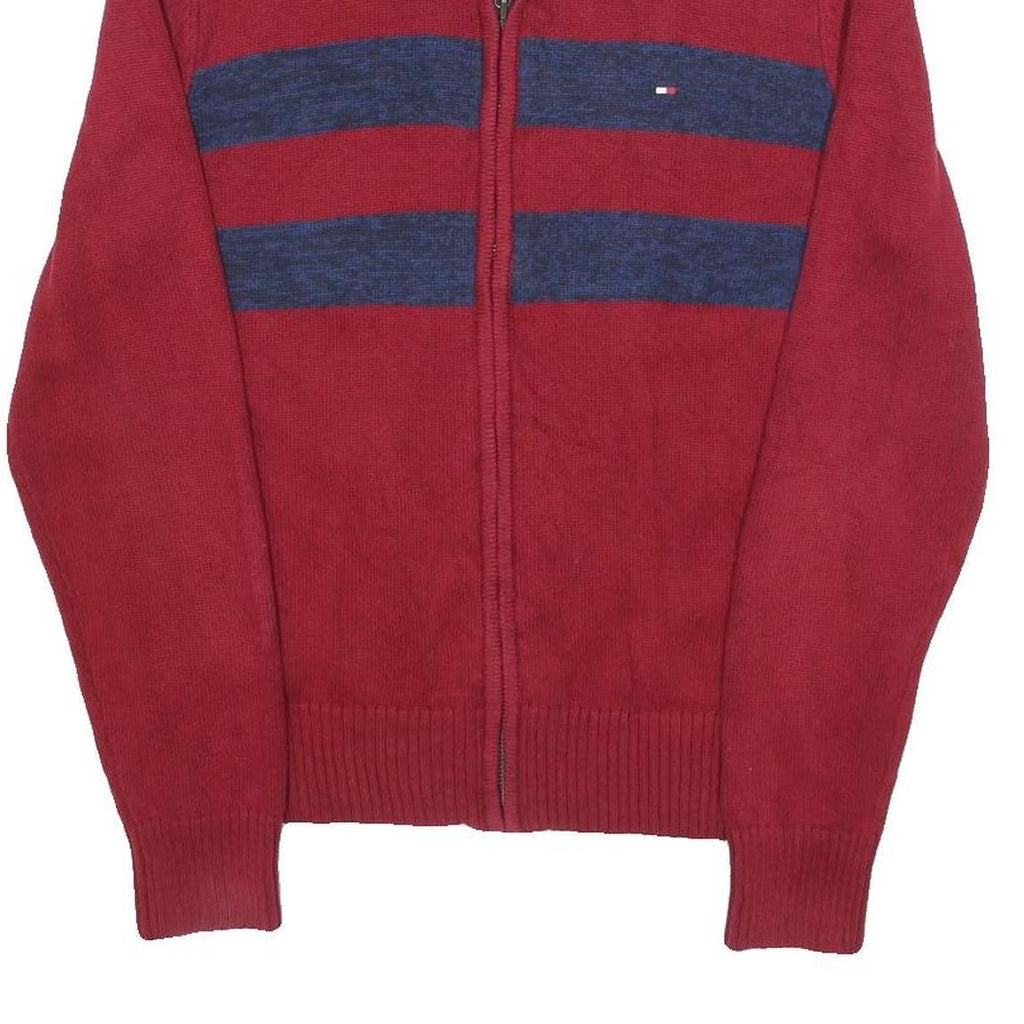 TOMMY HILFIGER Mens Red & Navy Striped Patterned Cotton Blend Jumper Full Zip