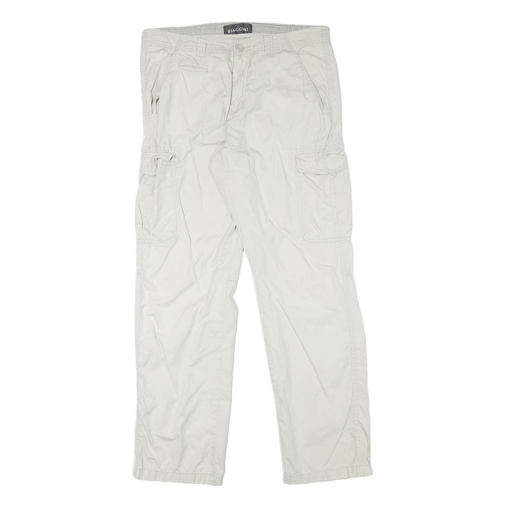 BIAGGINI Mens Cotton Blend White Regular Fit Cargo Trousers W33 L31 Casual Zip