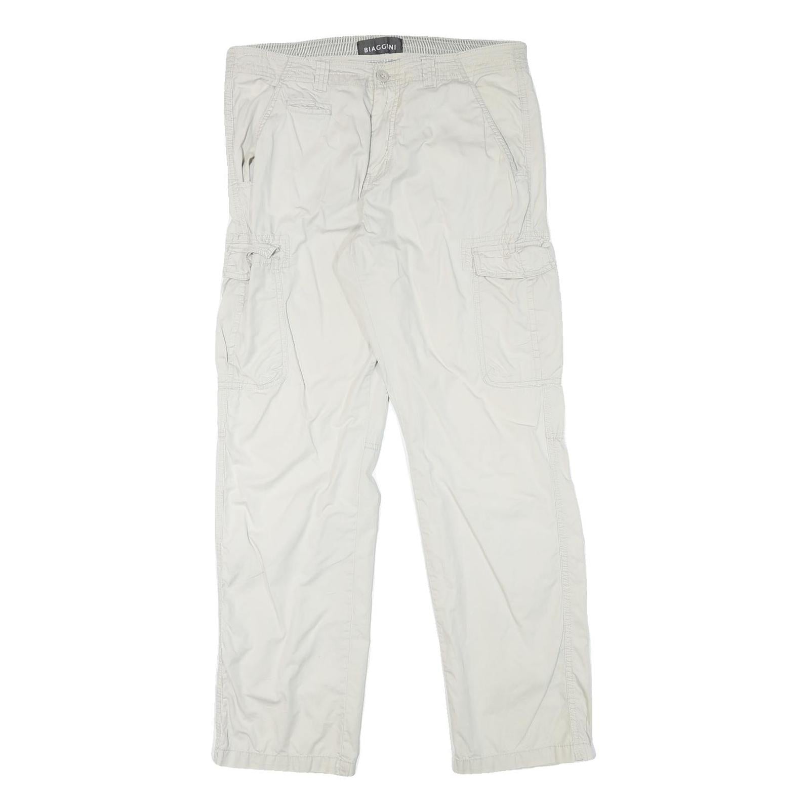 BIAGGINI Mens Cotton Blend White Regular Fit Cargo Trousers W33 L31 Casual Zip