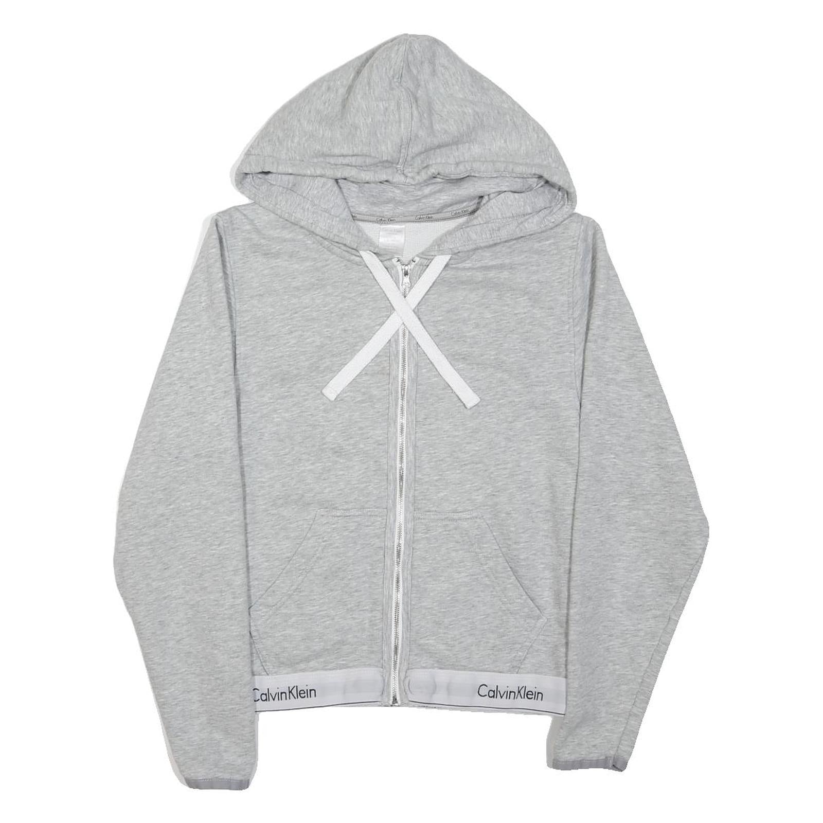 CALVIN KLEIN Womens Grey Zip Up Hoodie S Logo Elasticated Hem Sweatshirt