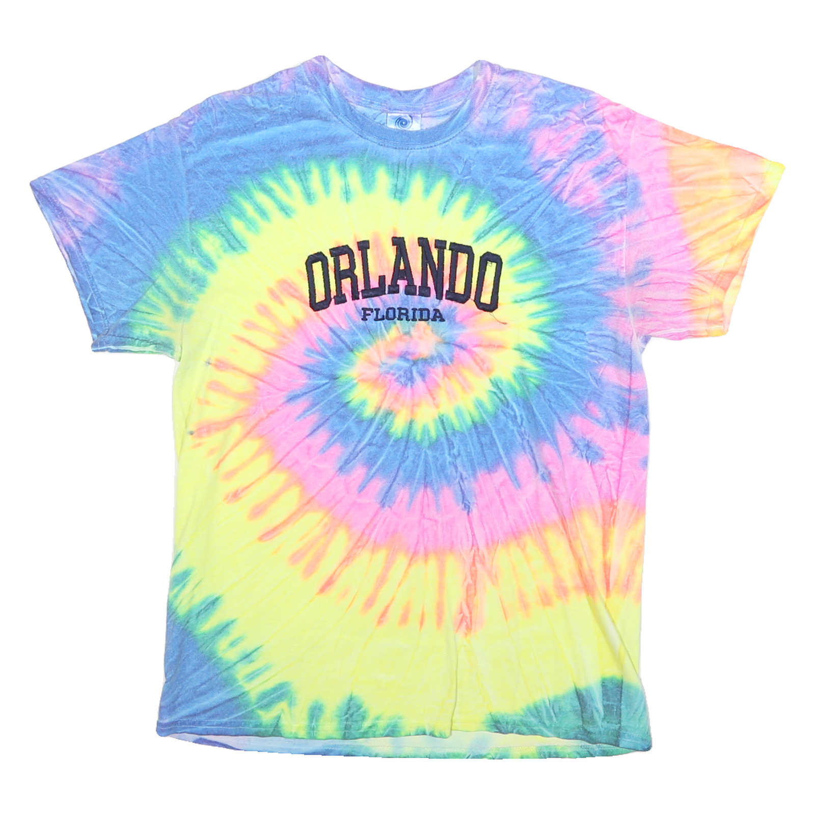 COLORTONE Womens Yellow & Blue Tie Dye Orlando Florida Graphic T-Shirt M Crew
