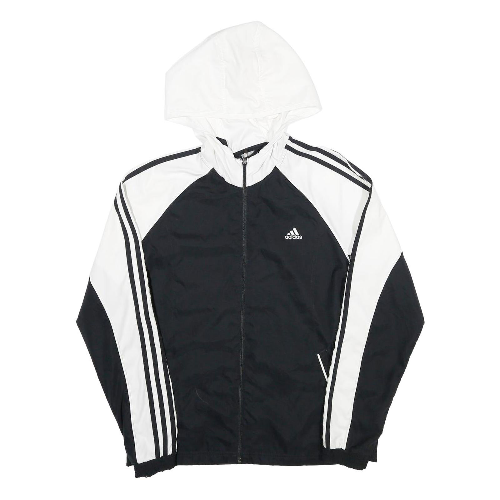 ADIDAS Womens Black & White Hooded Zip Jacket UK 18 Polyester Track Style