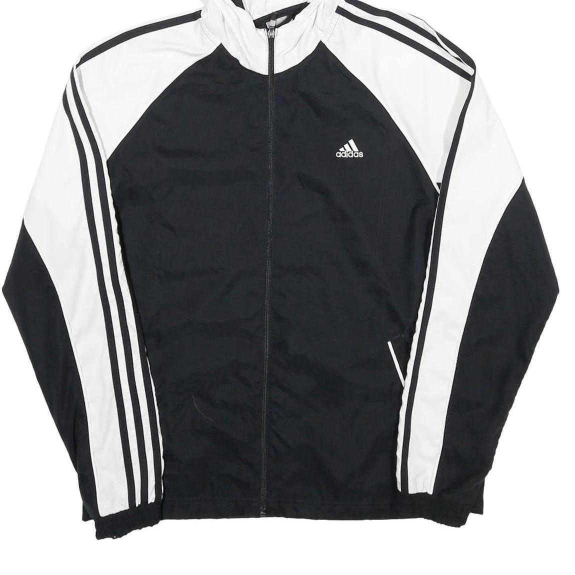 ADIDAS Womens Black & White Hooded Zip Jacket UK 18 Polyester Track Style