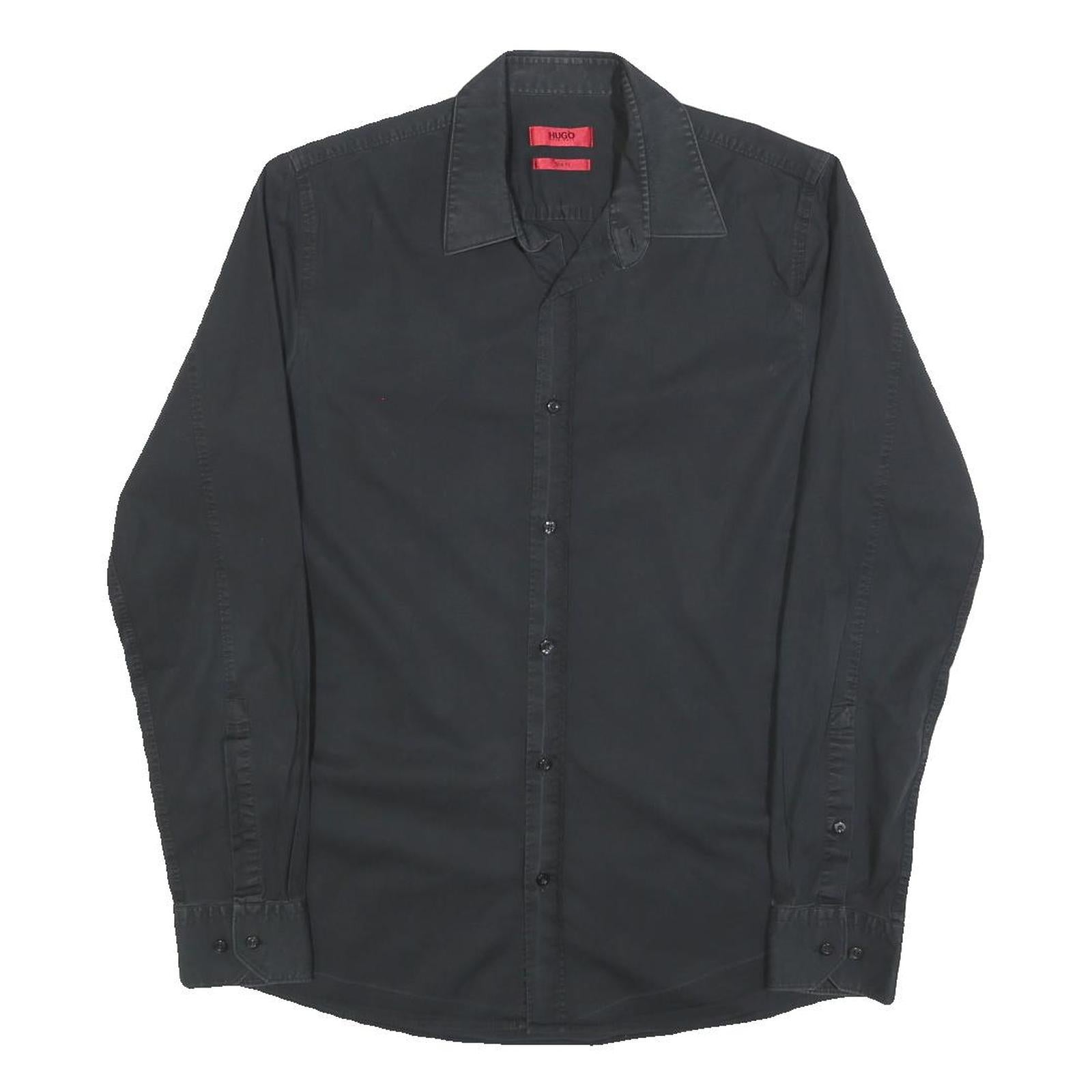 HUGO BOSS Mens Black Plain Cotton Blend Shirt S Smart Casual Button Down