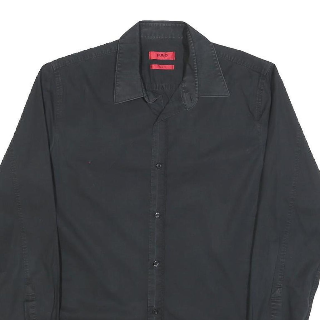 HUGO BOSS Mens Black Plain Cotton Blend Shirt S Smart Casual Button Down