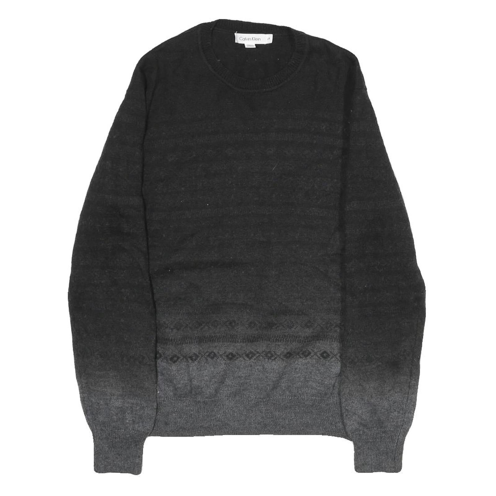 CALVIN KLEIN Mens Black & Grey Patterned Wool Blend Jumper Crew Neck Tight Knit