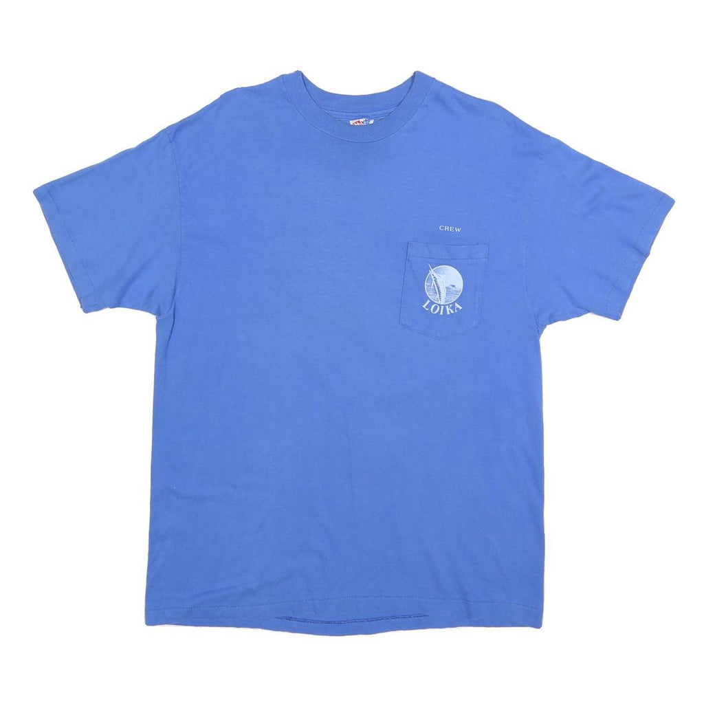 HANES Mens Blue Loika Graphic T-Shirt L Short Sleeve Crew Neck Cotton Blend