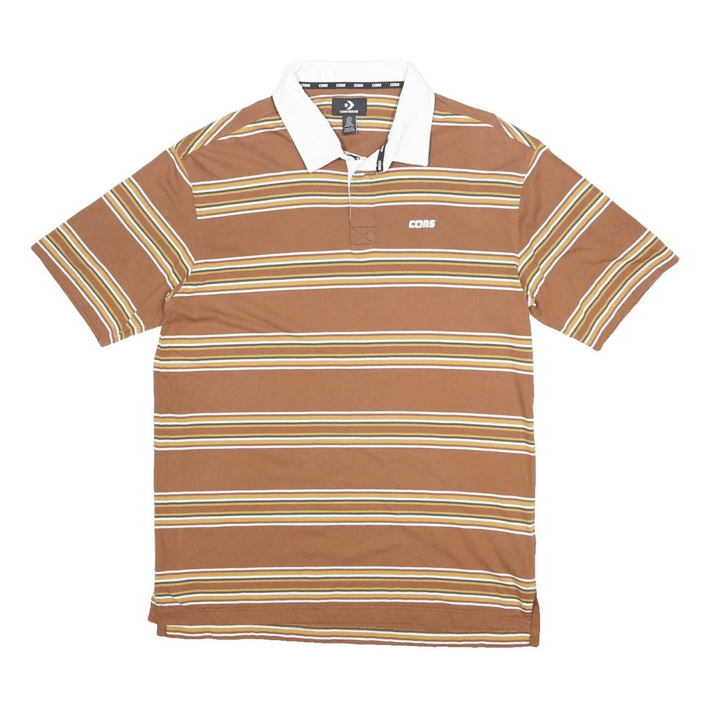 CONVERSE Mens Brown & White Striped Polo Shirt M Cotton Casual Stripe