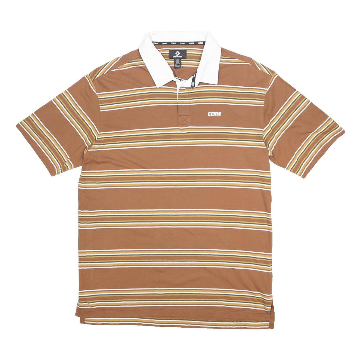 CONVERSE Mens Brown & White Striped Polo Shirt M Cotton Casual Stripe