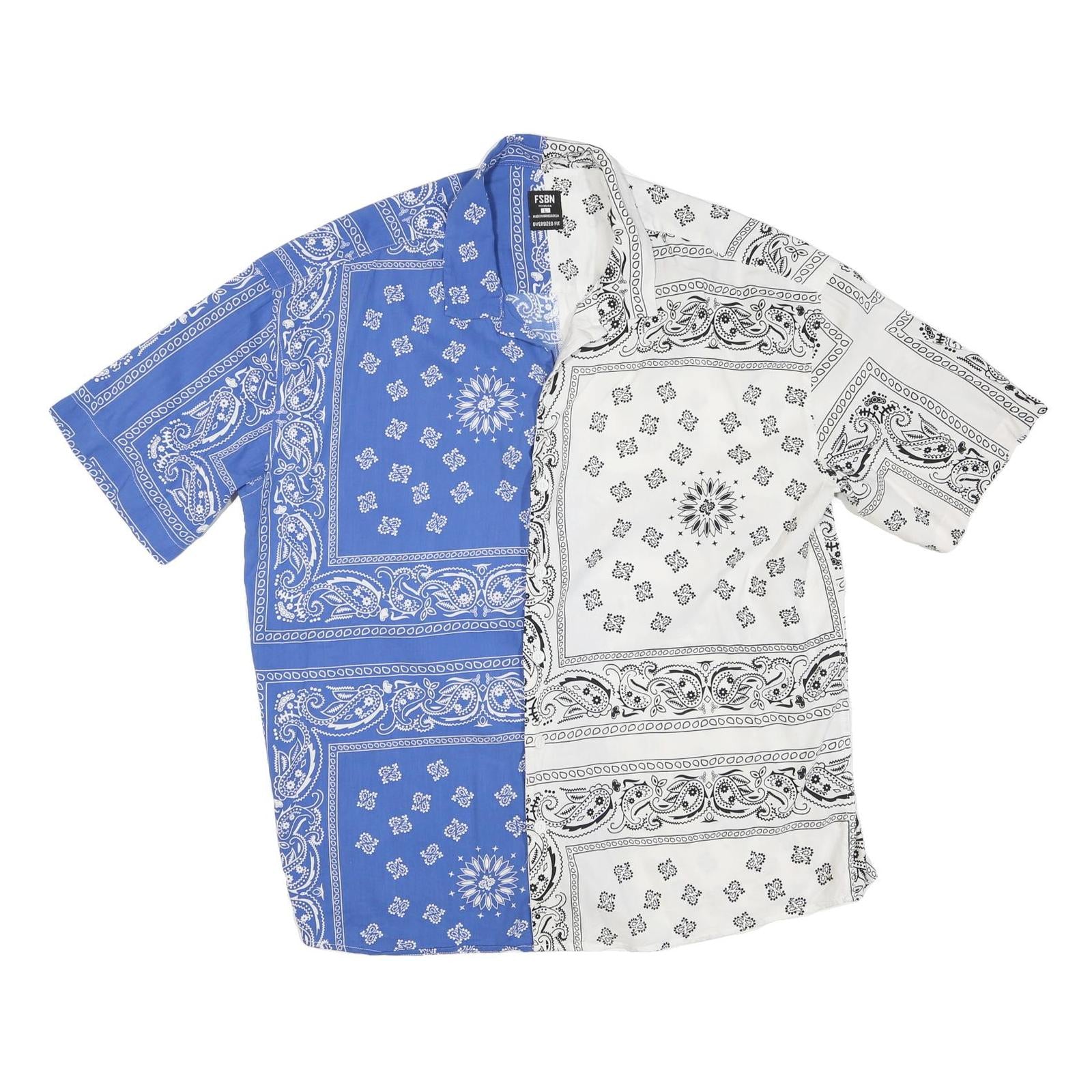FSBN Mens Blue & White Cotton Blend Bandana Print Shirt L Casual Summer Short