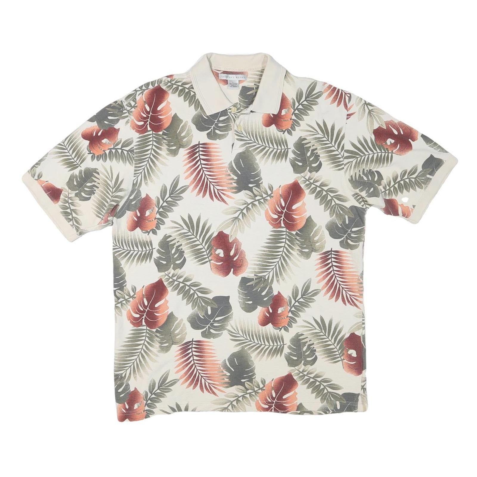 GEOFFRY BEENE Mens Cream Green Red Leaf Pattern Short Sleeve Polo Shirt L Cotton