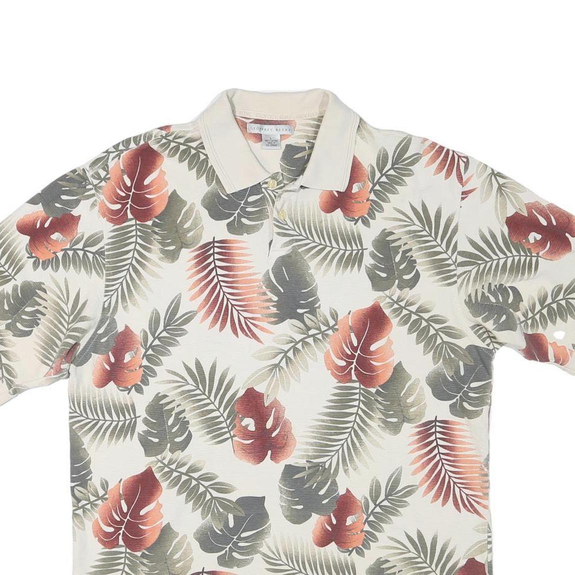 GEOFFRY BEENE Mens Cream Green Red Leaf Pattern Short Sleeve Polo Shirt L Cotton