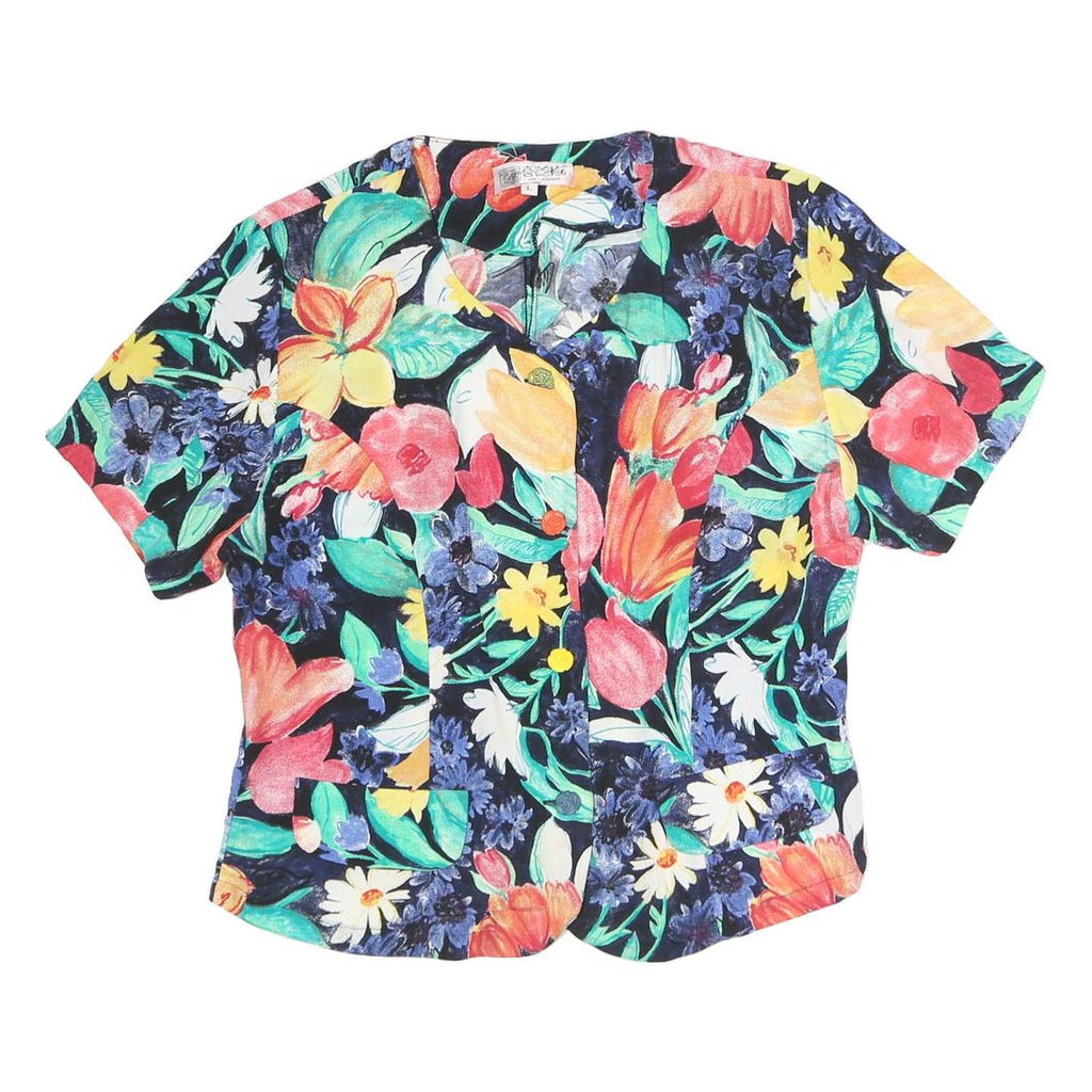 TOP FASHION Womens Multi Colour Printed Top Short Sleeve V-Neck Floral L