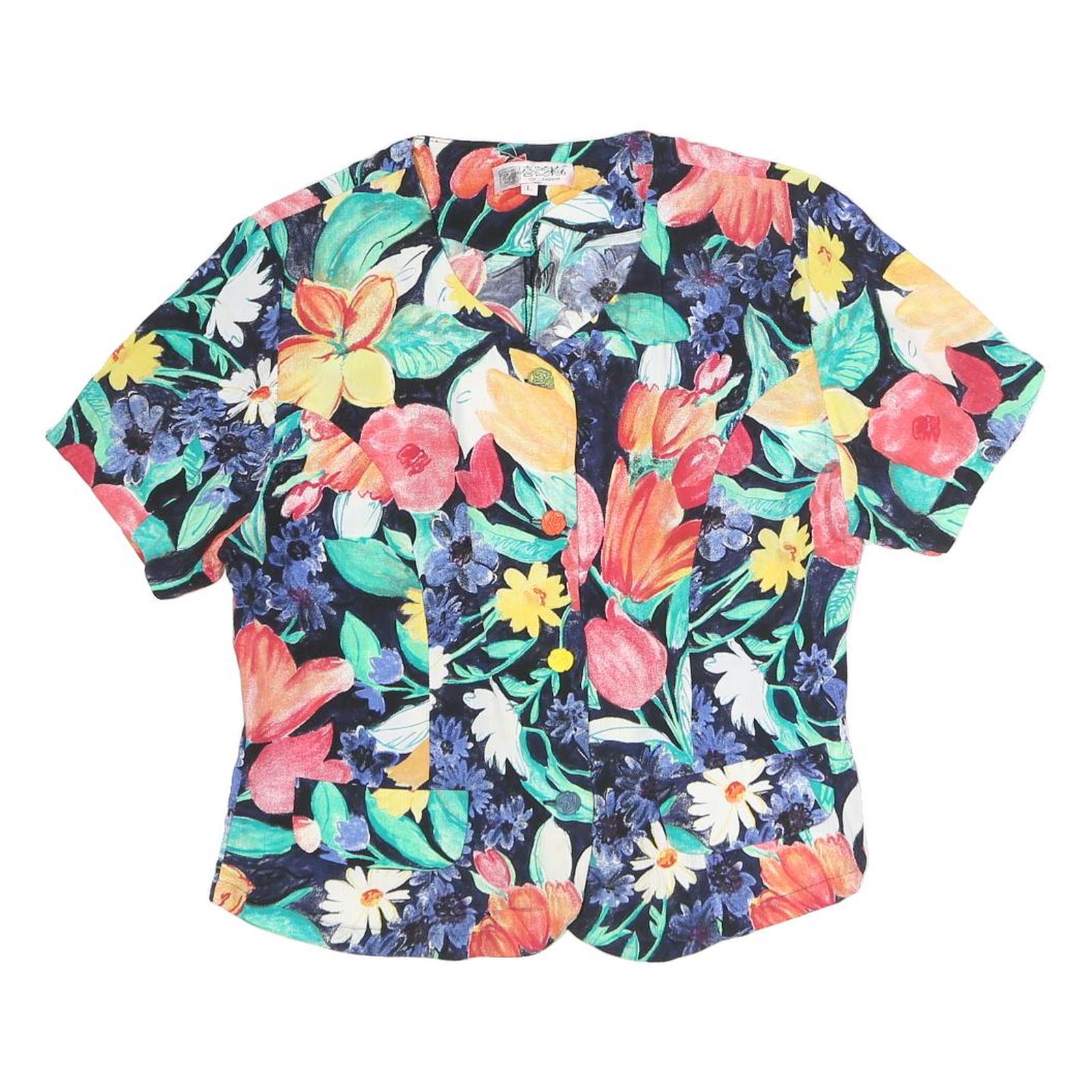 TOP FASHION Womens Multi Colour Printed Top Short Sleeve V-Neck Floral L