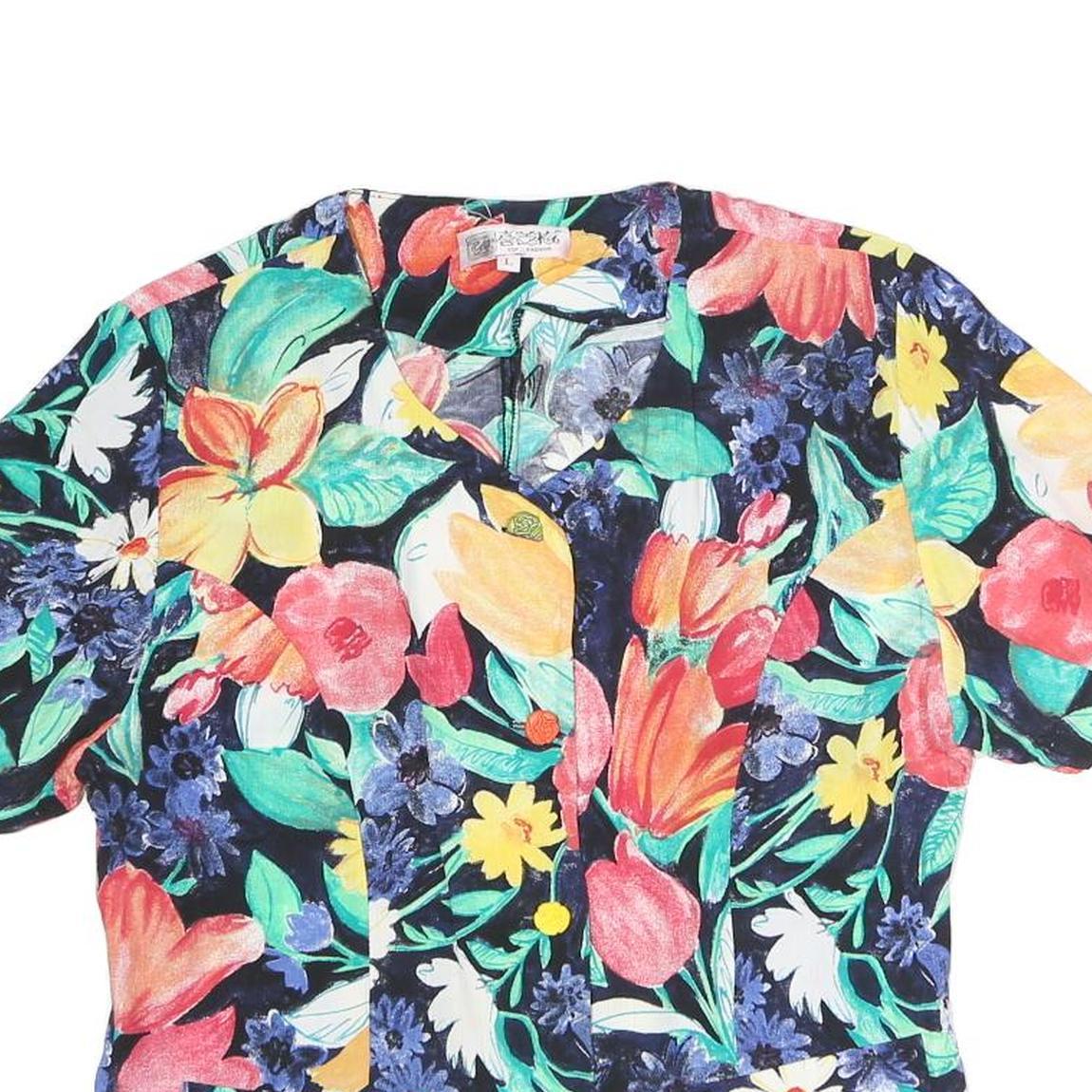 TOP FASHION Womens Multi Colour Printed Top Short Sleeve V-Neck Floral L