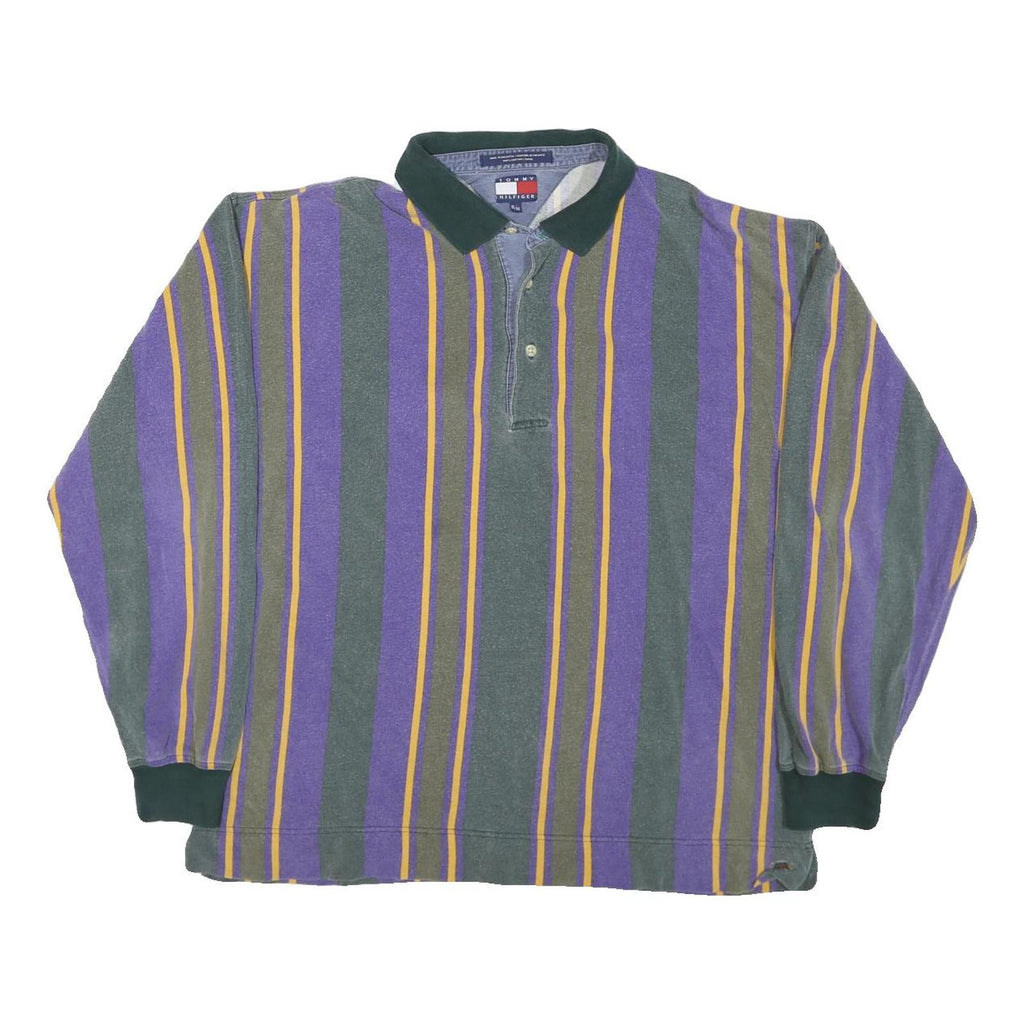 TOMMY HILFIGER Mens Purple & Green Striped Long Sleeve Polo Shirt XL Cotton